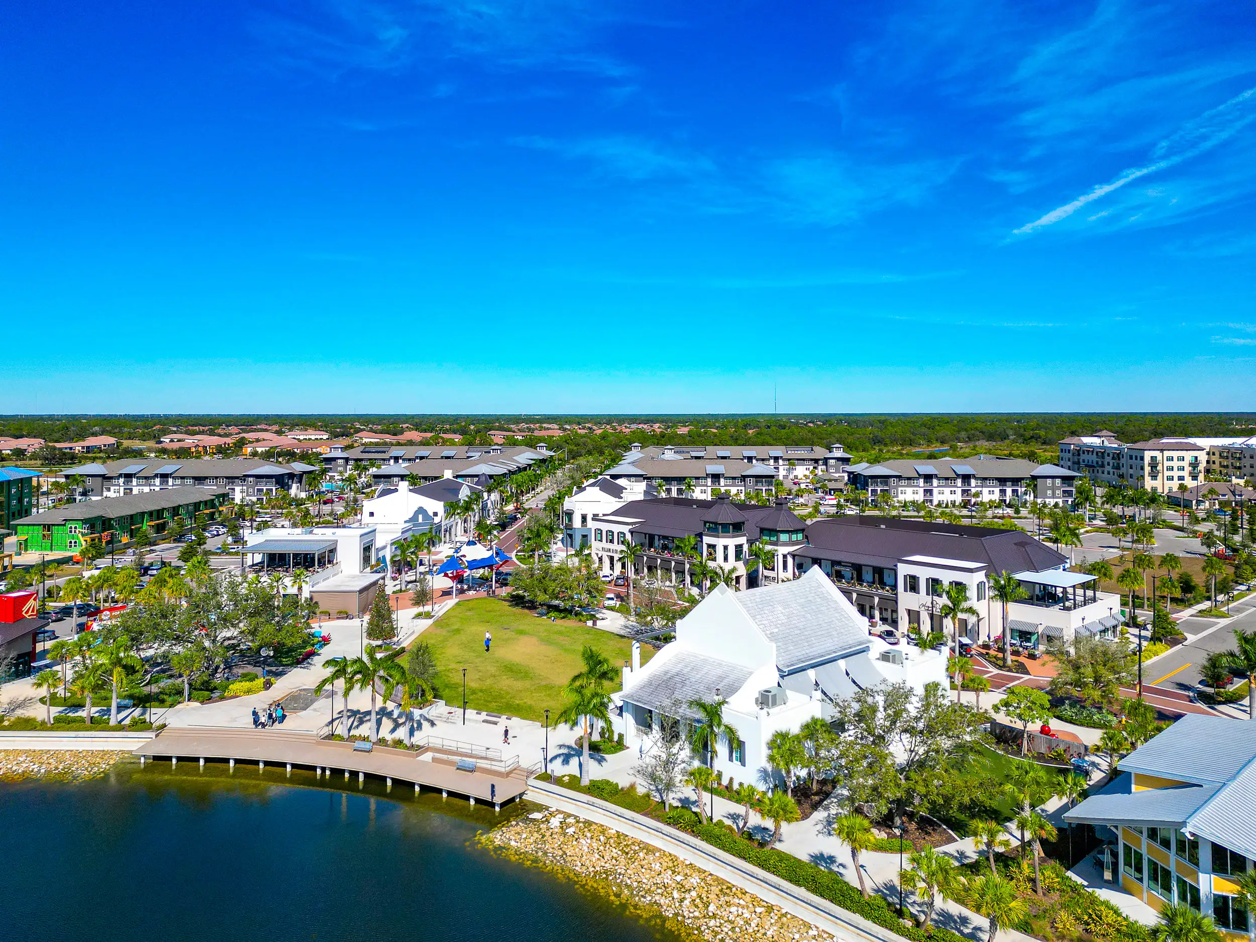 Aerial view over Downtown Wellen, the town center shared by every Wellen Park village